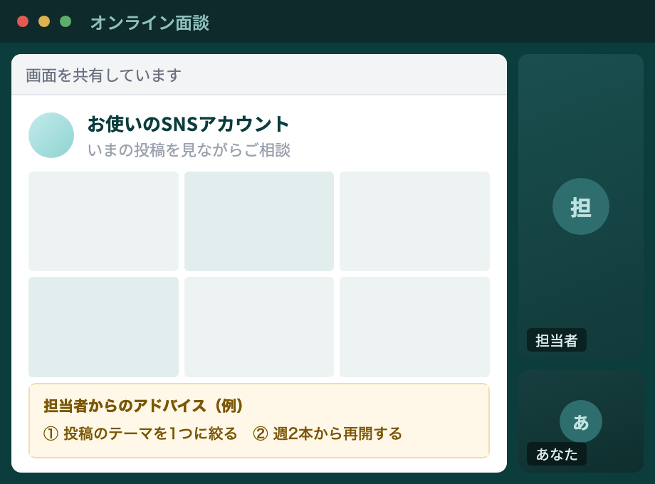 お使いのSNSアカウントを画面で共有し、担当者からこれからの進め方についてアドバイスを受けるオンライン面談の画面