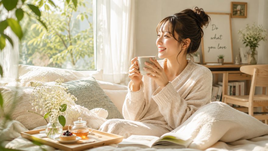 窓辺のソファでお茶を飲みながら、自分の時間をくつろいで過ごしている様子