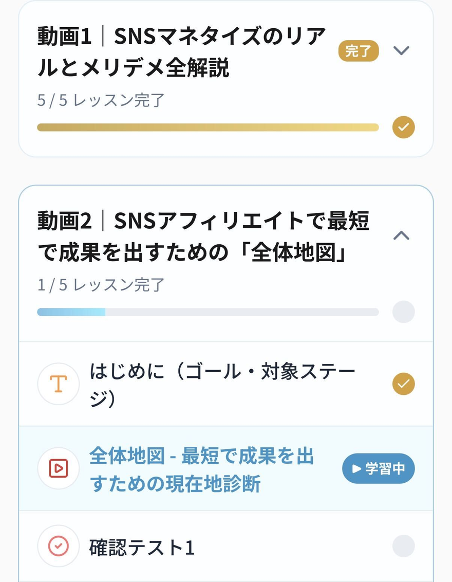 受講画面。見終えた動画1と学習中の動画2が並び、動画2の中は はじめに・動画・確認テスト の順に並んでいる